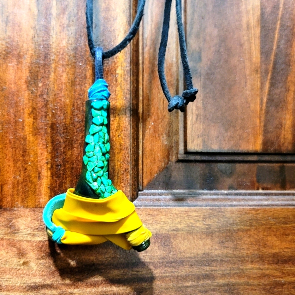 Gem encrusted wood and leather slingshot necklace